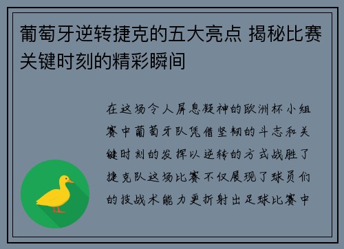葡萄牙逆转捷克的五大亮点 揭秘比赛关键时刻的精彩瞬间