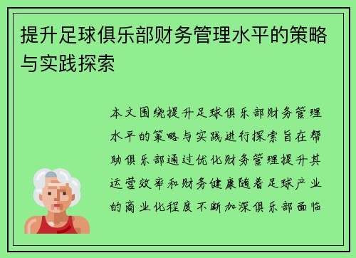 提升足球俱乐部财务管理水平的策略与实践探索